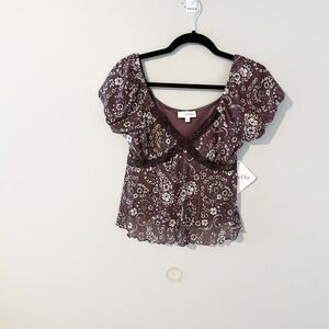La Peche babydoll paisley floral flounce top medium nwt‎